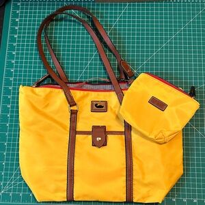 Dooney & Bourke Yellow Nylon Tote with Brown Trim and Pouch